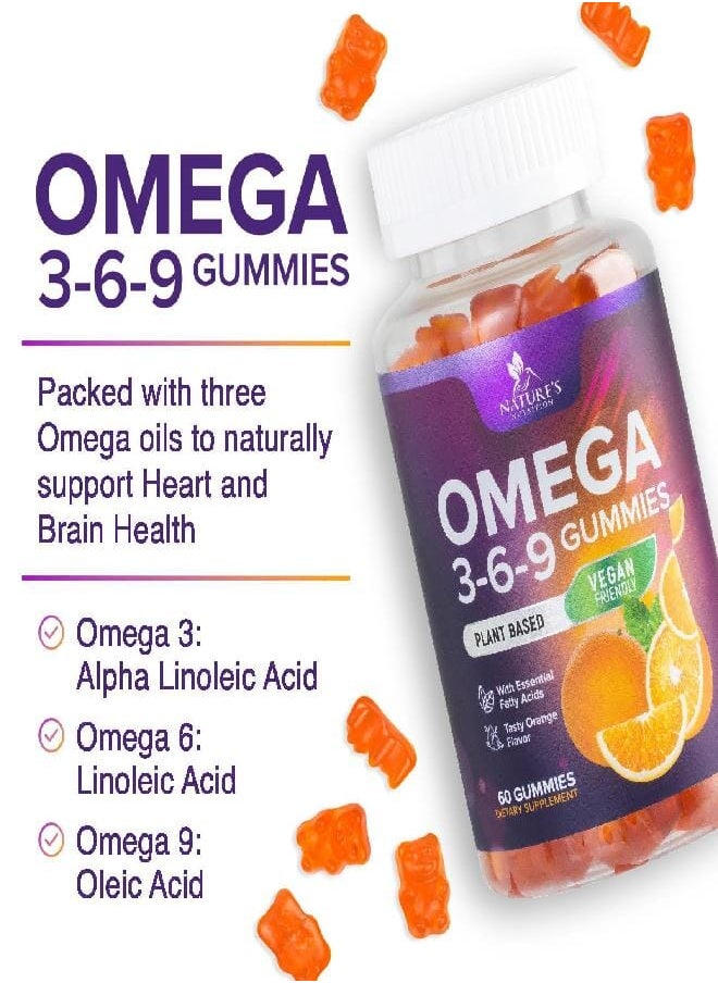 Nature's Nutrition - Omega 3 6 9 Vegan Gummies - Triple Strength Omega 3 Supplement Essential Oil Gummy - Omega 369 Heart Support and Brain Support for Women, Men & Pregnant Women, Non-GMO, Orange Flavor - 60 Gummies - Image 1