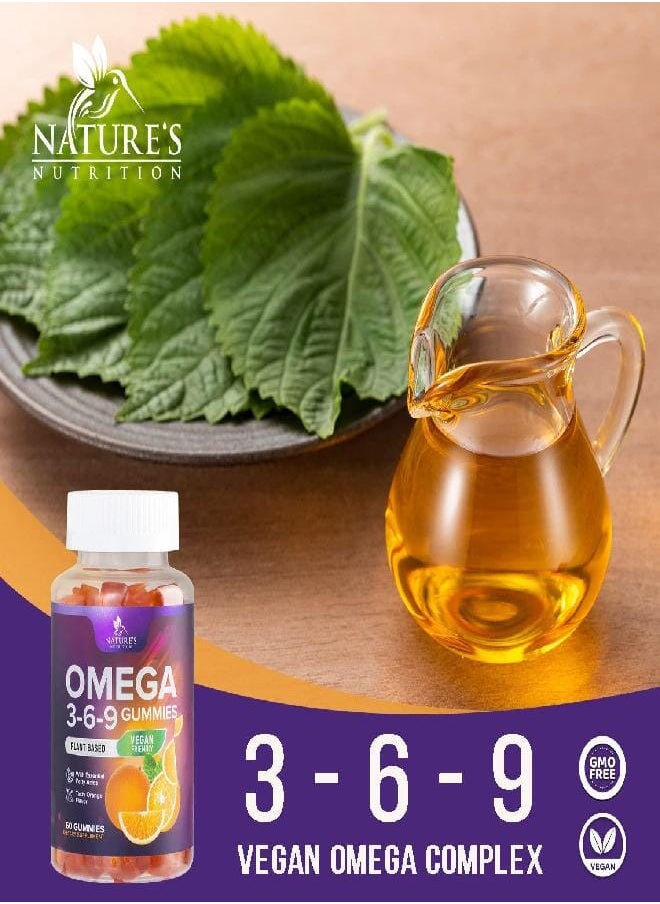 Nature's Nutrition - Omega 3 6 9 Vegan Gummies - Triple Strength Omega 3 Supplement Essential Oil Gummy - Omega 369 Heart Support and Brain Support for Women, Men & Pregnant Women, Non-GMO, Orange Flavor - 60 Gummies - Image 1