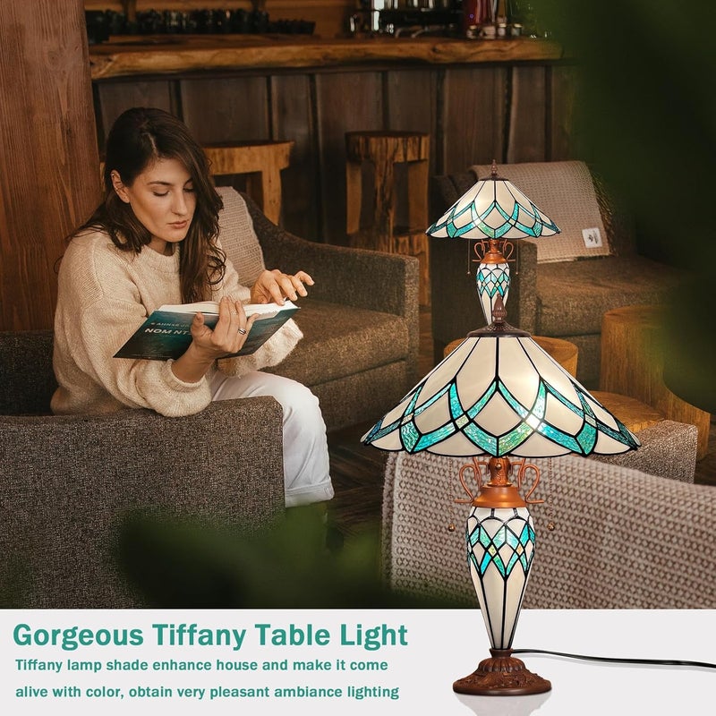 Artzone ARTZONE Tiffany Table Lamp with Nightlight 2LightsW16xH24 Tiffany Table Lights Antique Stained Glass Bedside Table Lamp for BedsideDesk ReadingLiving RoomHome OfficeBedroom  - Image 3