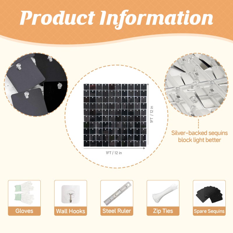Cherocito 4FT x 6FT Black Shimmer Wall Backdrop,Shiny Sequins,24PCS Sequins Backdrop Decoration Panels, Glitter Bling Photo Background Decorations for Birthday Party Wedding Engagement Anniversary Graduation - Image 2
