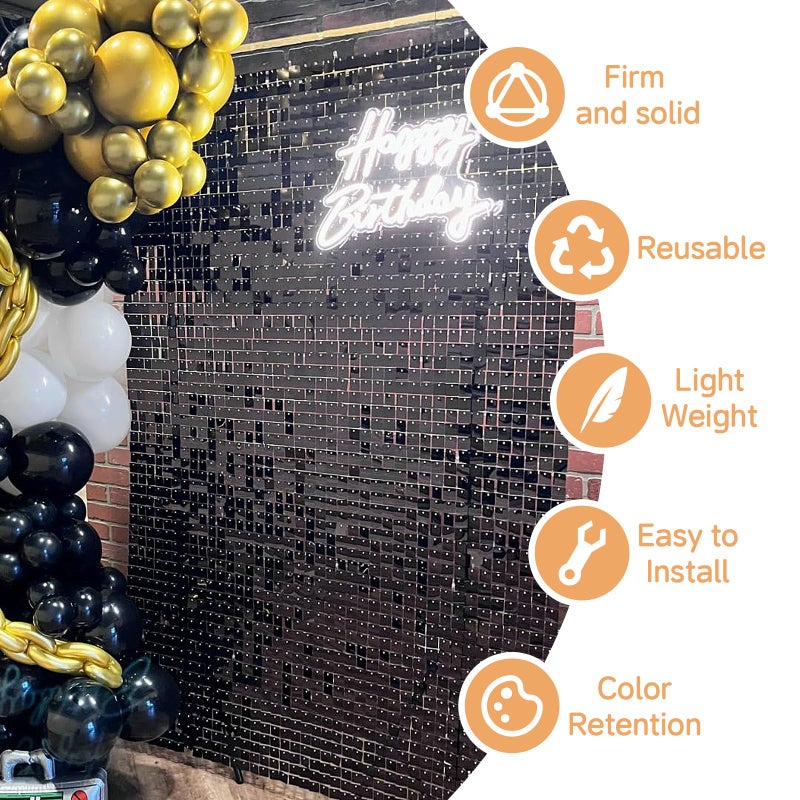 Cherocito 4FT x 6FT Black Shimmer Wall Backdrop,Shiny Sequins,24PCS Sequins Backdrop Decoration Panels, Glitter Bling Photo Background Decorations for Birthday Party Wedding Engagement Anniversary Graduation - Image 3