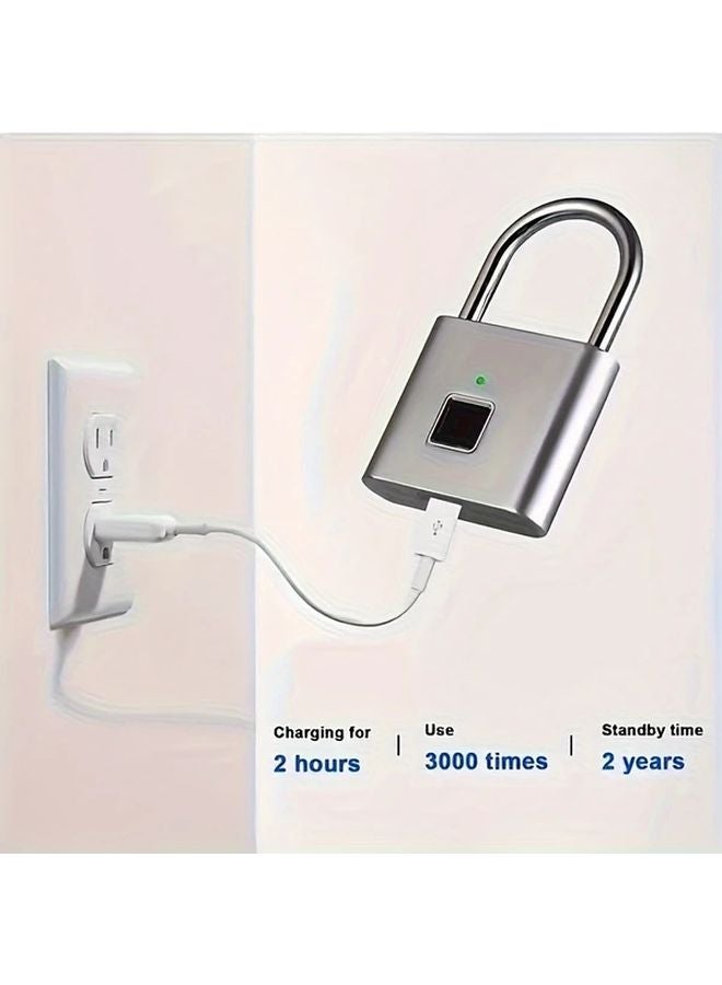 قفل محمول ذكي فضي ببصمة الإصبع، قفل مقاوم للسرقة بدون مفتاح مع شحن عبر USB للأمتعة - Image 1