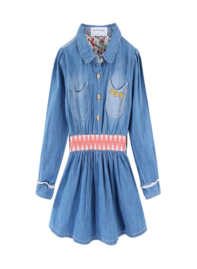 Mud Kingdom Baby Girls Denim Dress Long Sleeve Button Down Cinch Waist Casual Light Blue 18-24 Months - Image 1