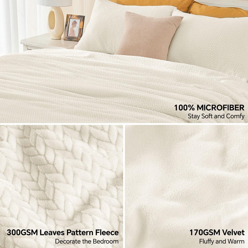 ChiXpace Flannel Fleece Queen Comforter Set - Furry Beige Leaves Pattern Faux Fur Bed Set, Winter Ultra Soft Fuzzy Comfort Set, Velvet Bedding Set for Bed with 2 Pillow Cases - Image 2