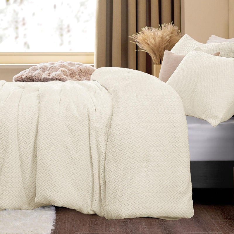 ChiXpace Flannel Fleece Queen Comforter Set - Furry Beige Leaves Pattern Faux Fur Bed Set, Winter Ultra Soft Fuzzy Comfort Set, Velvet Bedding Set for Bed with 2 Pillow Cases - Image 1