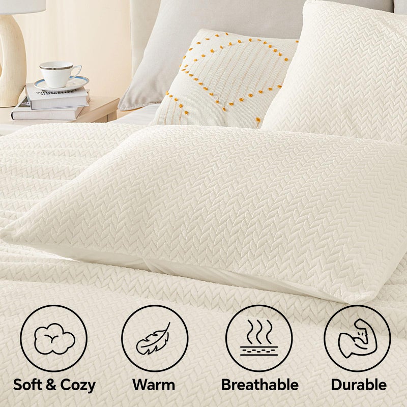 ChiXpace Flannel Fleece Queen Comforter Set - Furry Beige Leaves Pattern Faux Fur Bed Set, Winter Ultra Soft Fuzzy Comfort Set, Velvet Bedding Set for Bed with 2 Pillow Cases - Image 4