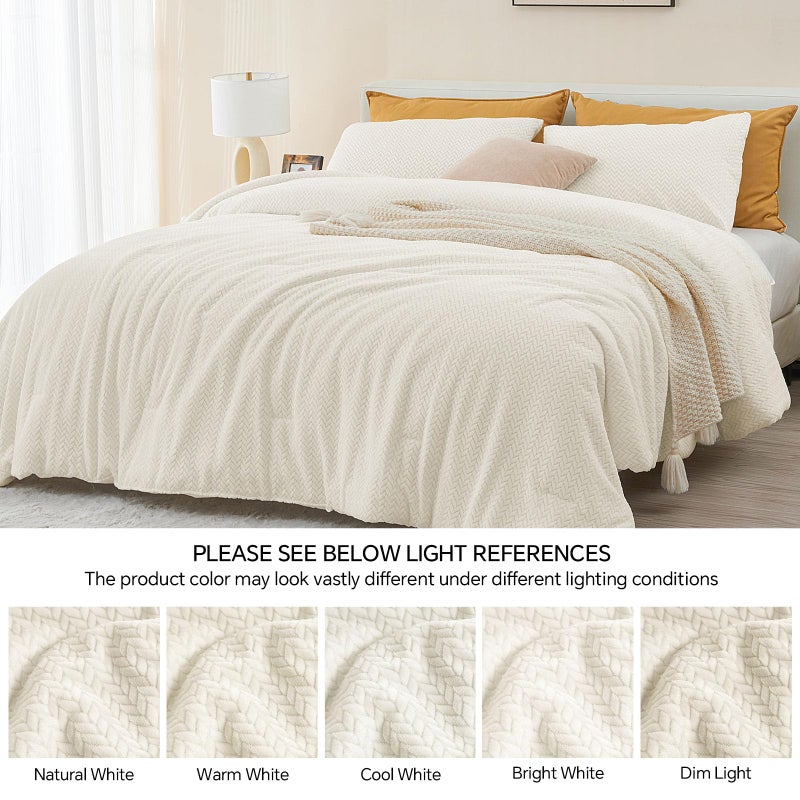 ChiXpace Flannel Fleece Queen Comforter Set - Furry Beige Leaves Pattern Faux Fur Bed Set, Winter Ultra Soft Fuzzy Comfort Set, Velvet Bedding Set for Bed with 2 Pillow Cases - Image 5