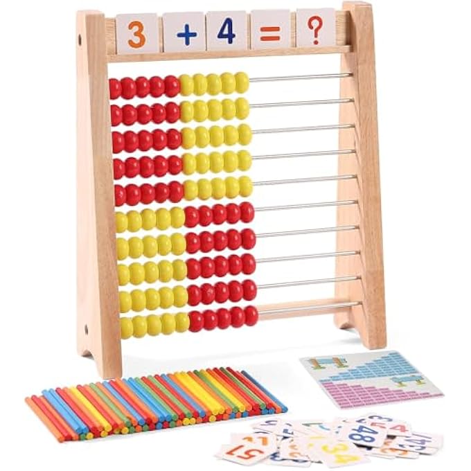 WOODEN ABACUS FOR KIDS - MATH LEARNING TOOL WITH COUNTING STICKS & NUMBERS 1-100 CARDS & COUNTERS - EDUCATIONAL TOY FOR PRESCHOOL BOYS & GIRLS - Image 1