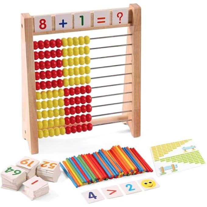 WOODEN ABACUS FOR KIDS - MATH LEARNING TOOL WITH COUNTING STICKS & NUMBERS 1-100 CARDS & COUNTERS - EDUCATIONAL TOY FOR PRESCHOOL BOYS & GIRLS - Image 5