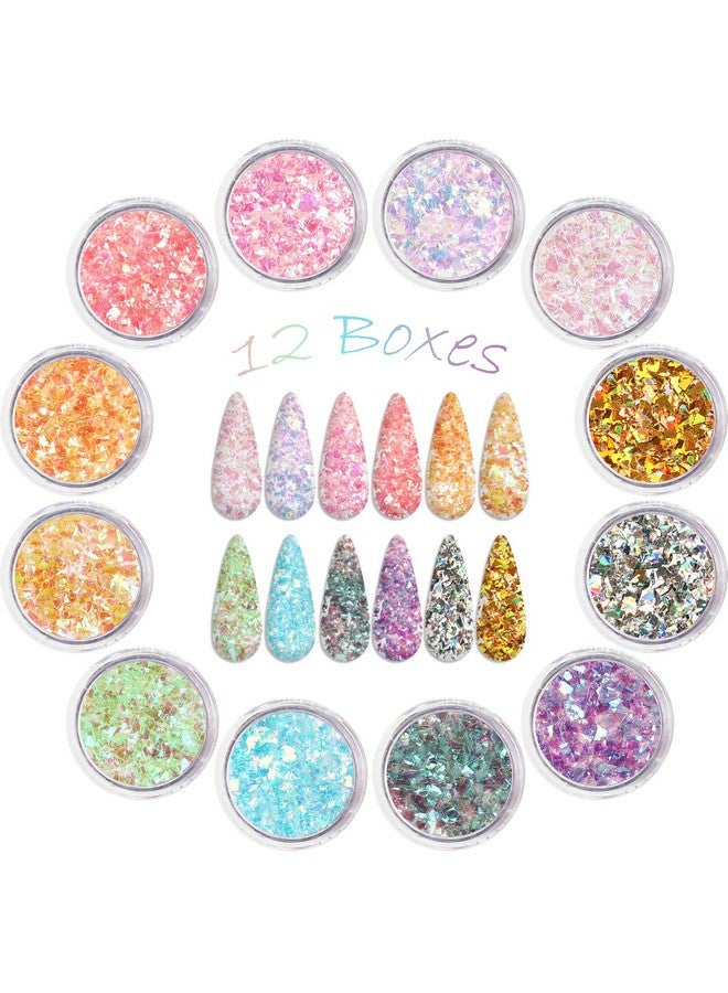Allstarry 12 Colors Mermaid Nail Chunky Glitter Ultrathin Fluorescent Glass Paper Irregular Iridescent Sequin Flakes Glitters Sticker For Nails Art Decoration Hair Eyes Face Body Diy Craft - Image 3