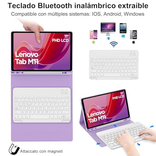 BORIYUAN Keyboard Case for Lenovo Tab M11 K11 LTE 11 Inch 2024 Magnetic Detachable Wireless Bluetooth Keyboard Cover Folio PU Leather Case with Pencil Holder Auto WakeSleep MultiAngle Kickstand - Image 3