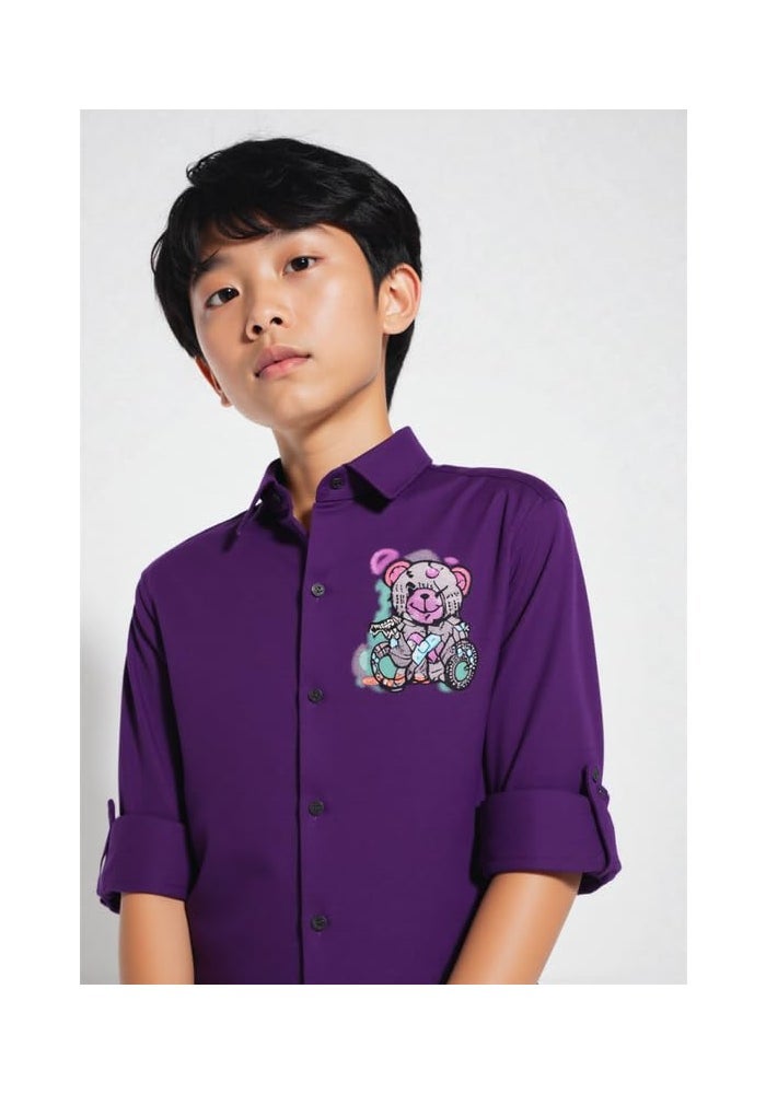 CAVIO Boys Regular Fit Purple Full Sleeve Shirt with Bear Print - Image 2