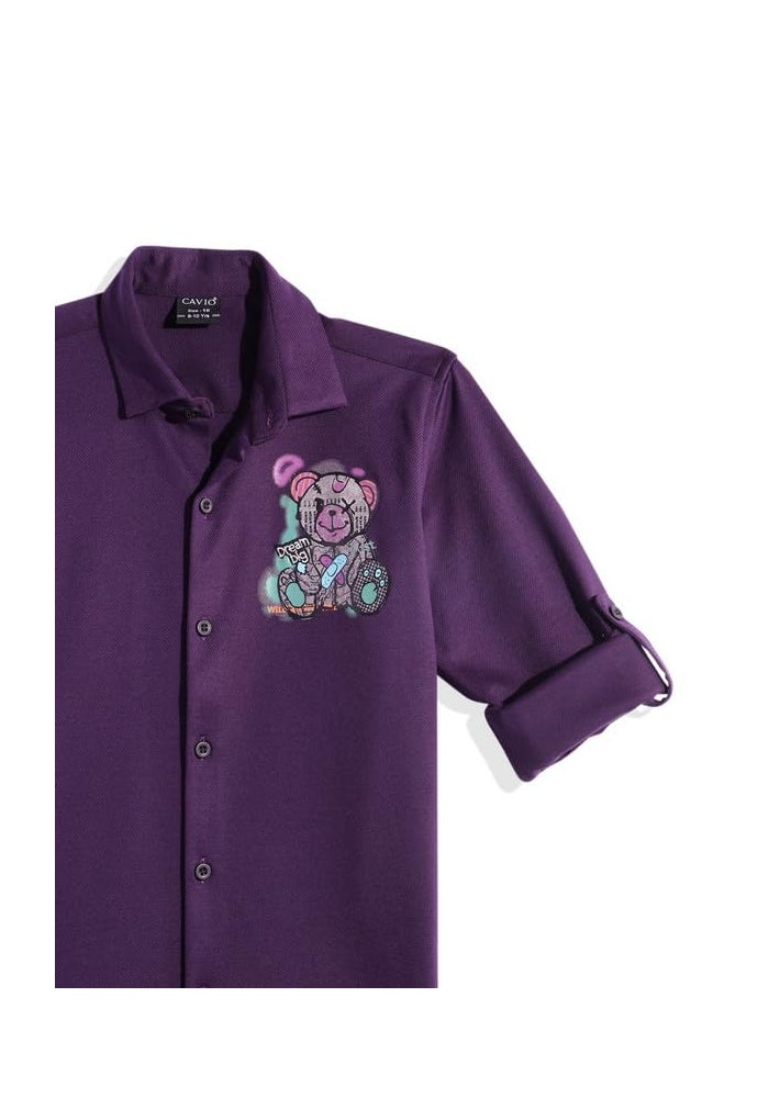 CAVIO Boys Regular Fit Purple Full Sleeve Shirt with Bear Print - Image 3