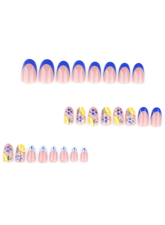 منتج جديد! الأظافر الزرقاء الفرنسية، أظافر قصيرة الجولة المزيفة مع تصميم فواكه الليمون الطازجة، اليومية غير الرسمية والصيفية يجب أن يكون - Image 5