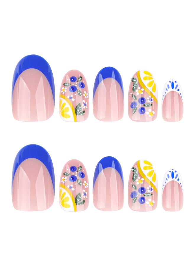 منتج جديد! الأظافر الزرقاء الفرنسية، أظافر قصيرة الجولة المزيفة مع تصميم فواكه الليمون الطازجة، اليومية غير الرسمية والصيفية يجب أن يكون - Image 1