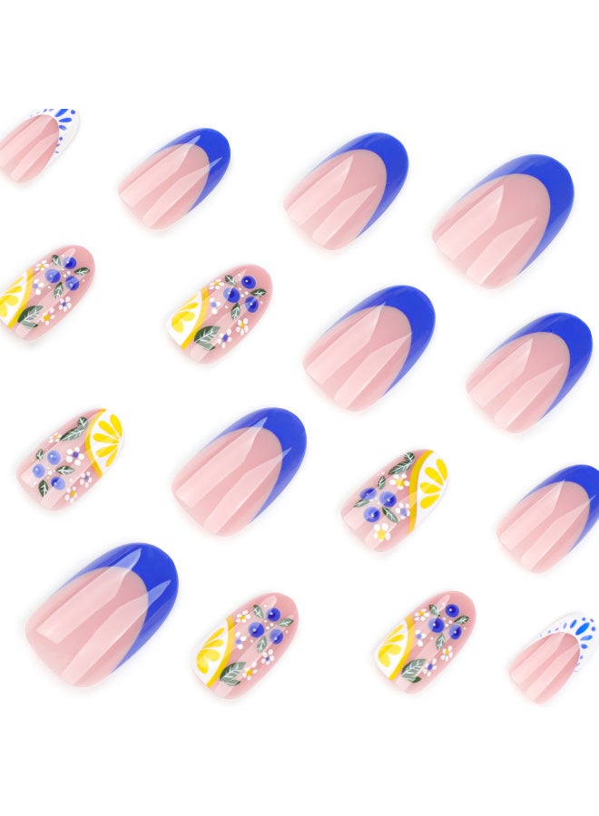 منتج جديد! الأظافر الزرقاء الفرنسية، أظافر قصيرة الجولة المزيفة مع تصميم فواكه الليمون الطازجة، اليومية غير الرسمية والصيفية يجب أن يكون - Image 2