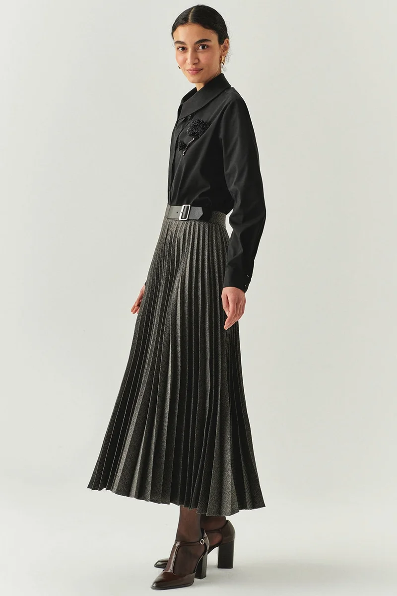 EXQUISE Herringbone Pattern Pleated High-Waisted Buckle Regular Midi Grey Skirt