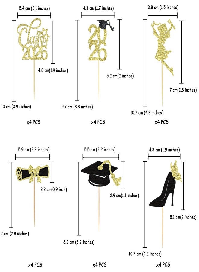Chewarelly 24 Pack Congrats Grad Cupcake Toppers Set, Graduation Cupcake Decor, Pre Assemble Class of 2026 Cupcake Picks for Senior High School College Grad Party Decorations(Black with Gold) Girls - Image 2