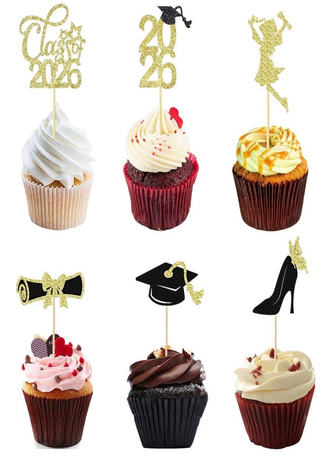 Chewarelly 24 Pack Congrats Grad Cupcake Toppers Set, Graduation Cupcake Decor, Pre Assemble Class of 2026 Cupcake Picks for Senior High School College Grad Party Decorations(Black with Gold) Girls - Image 1