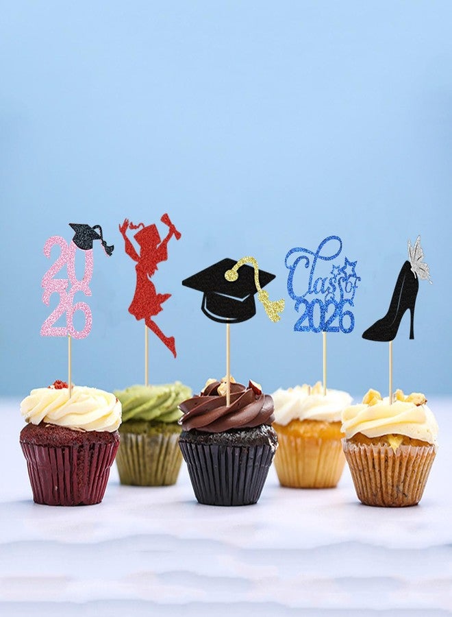 Chewarelly 24 Pack Congrats Grad Cupcake Toppers Set, Graduation Cupcake Decor, Pre Assemble Class of 2026 Cupcake Picks for Senior High School College Grad Party Decorations(Black with Gold) Girls - Image 4