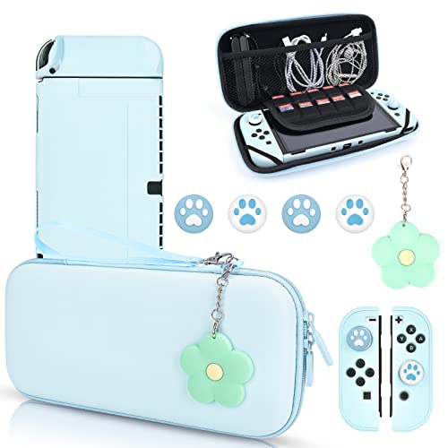 DLseego Purple Switch OLED Case Set Carrying Case with 10 Slots Babyblue Protective Dockable Hard Shell with 4PCS Cute Cat Paw Thumb Grips Caps and 1PC Flower Blossom Chain for Switch 2021 Version - Image 1