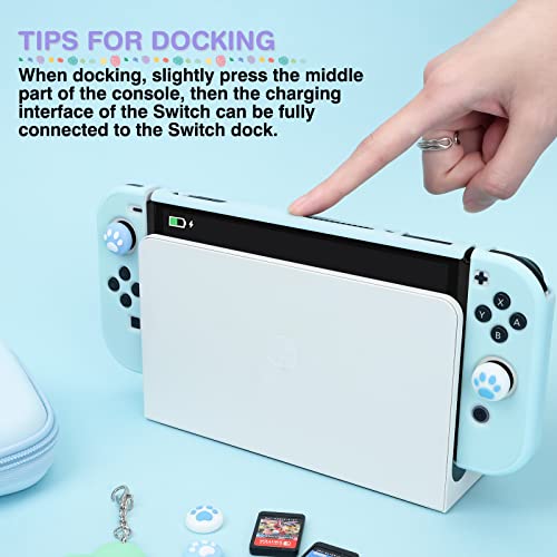 DLseego Purple Switch OLED Case Set Carrying Case with 10 Slots Babyblue Protective Dockable Hard Shell with 4PCS Cute Cat Paw Thumb Grips Caps and 1PC Flower Blossom Chain for Switch 2021 Version - Image 3