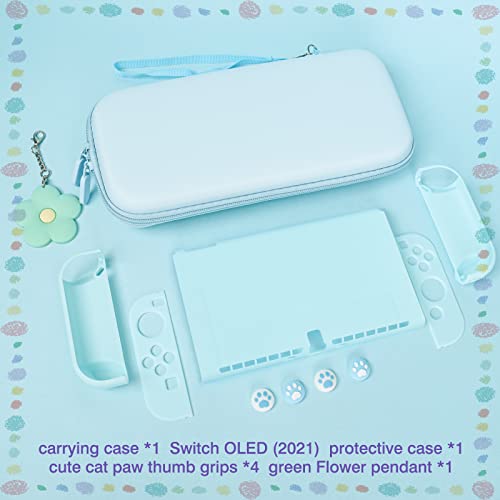 DLseego Purple Switch OLED Case Set Carrying Case with 10 Slots Babyblue Protective Dockable Hard Shell with 4PCS Cute Cat Paw Thumb Grips Caps and 1PC Flower Blossom Chain for Switch 2021 Version - Image 5