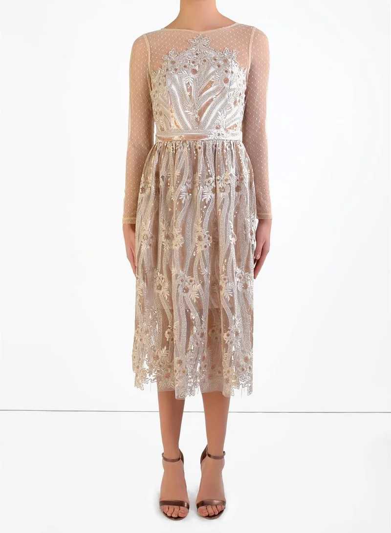 ترو ديكادينس Lilly Nude Embroidered Mesh Midi Dress