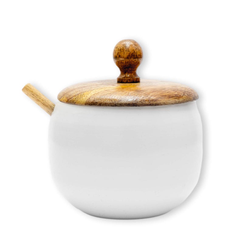 GoCraft Sugar Bowl with Wooden Lid and Spoon  Drum Shape Shiny White Finish Elegant Sugar Container for Coffee Tea Dining Kitchen Home Use Stylish Sugar Dispenser for Table Easy to Use