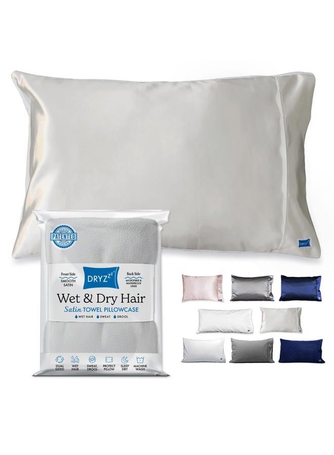 DryZzz Ivory Satin Towel Pillowcase | Absorbent Microfiber Pillow Case for Wet Hair | Cooling Satin Pillowcase | 2-in-1 Patented Design | Hair & Skin Pillow Case Protector | Pillow Cases Standard Size - Image 1