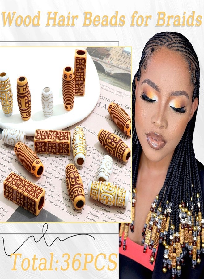VENOFEN 36PCS Wooden Hair Beads for Braids - Long Tube Dreadlock Loc Jewelry - Multi Style Wood Decoration Braid Accessories for Women and Men - Image 3
