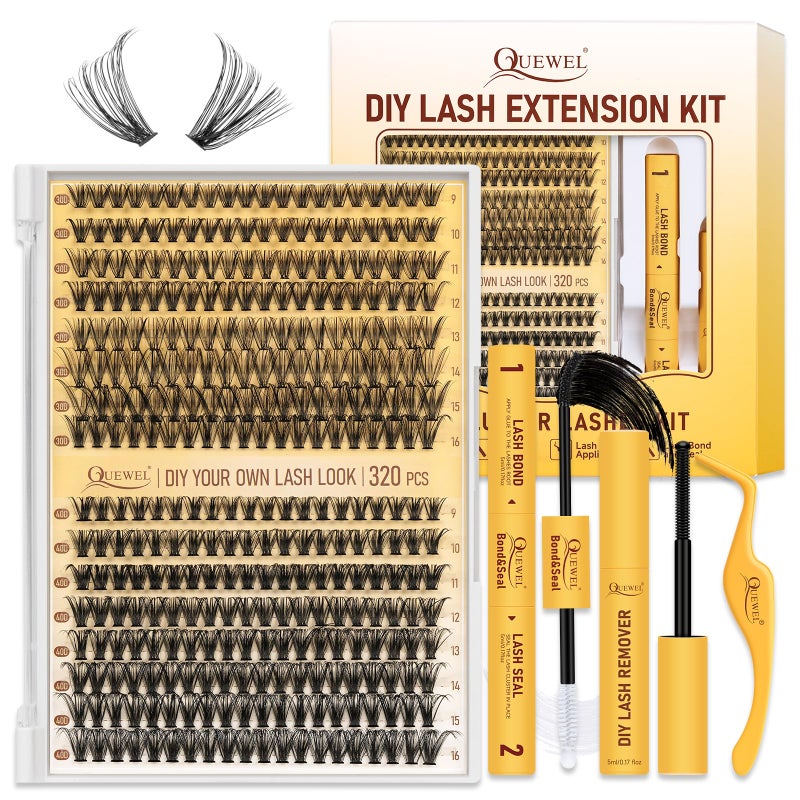 QUEWEL DIY Lash Extension Kit 320 Pcs Lash Clusters Kit 30D40D Individual Lashes 916mm Eyelash Extension Kit with Lash Bond and Seal Lash Glue Remover Lash Tweezers 30D40D Kit