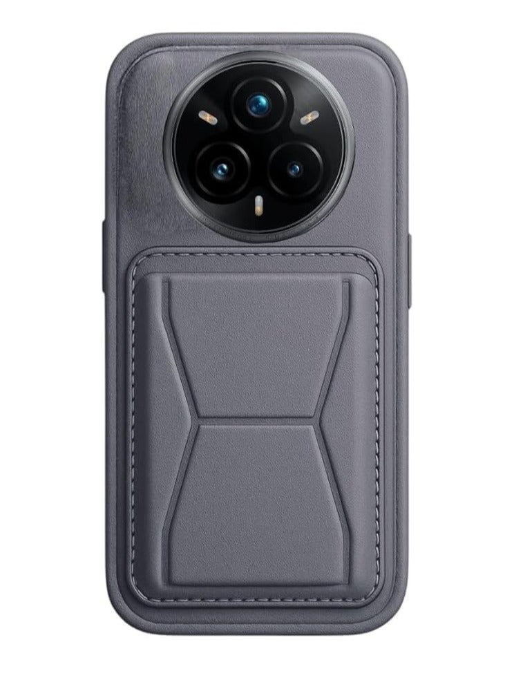 Leather Case Compatible for REALME 14 PRO PLUS Shockproof Leather Back Card Storage & case built-in Stand PU leather for a stylish look, comfortable grip (Gray)