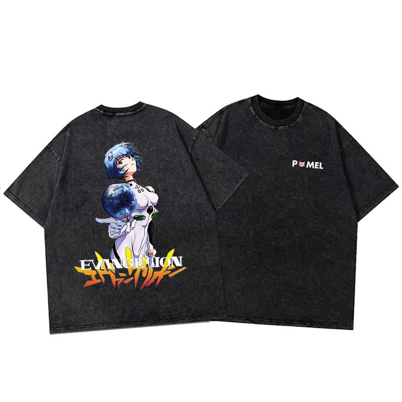 T-Shirt Digital Hip Hop Anime T-Shirt Washed Printed Letter Vintage Loose - Image 1