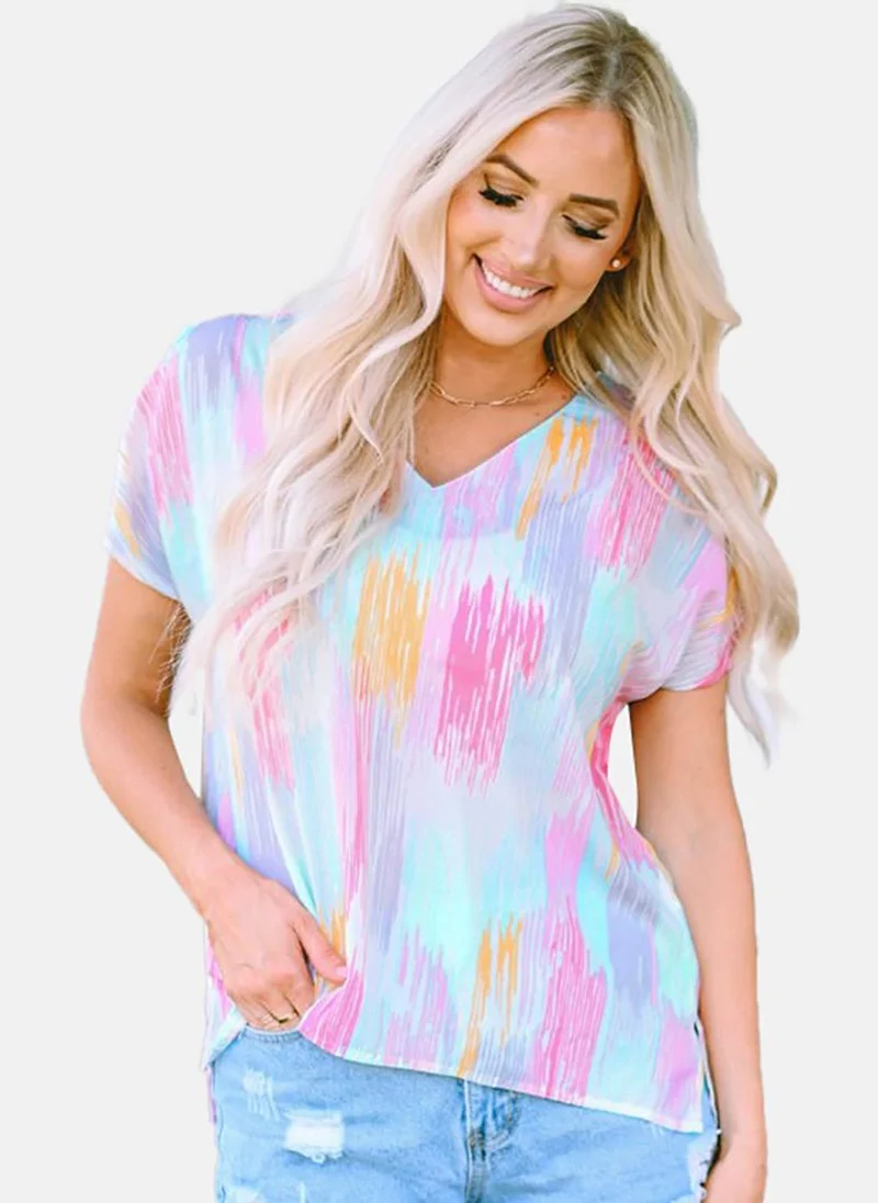 يونيكي Blue Printed Short Sleeve V Neck Tunics