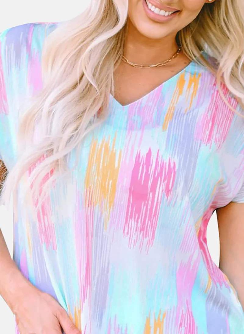 يونيكي Blue Printed Short Sleeve V Neck Tunics