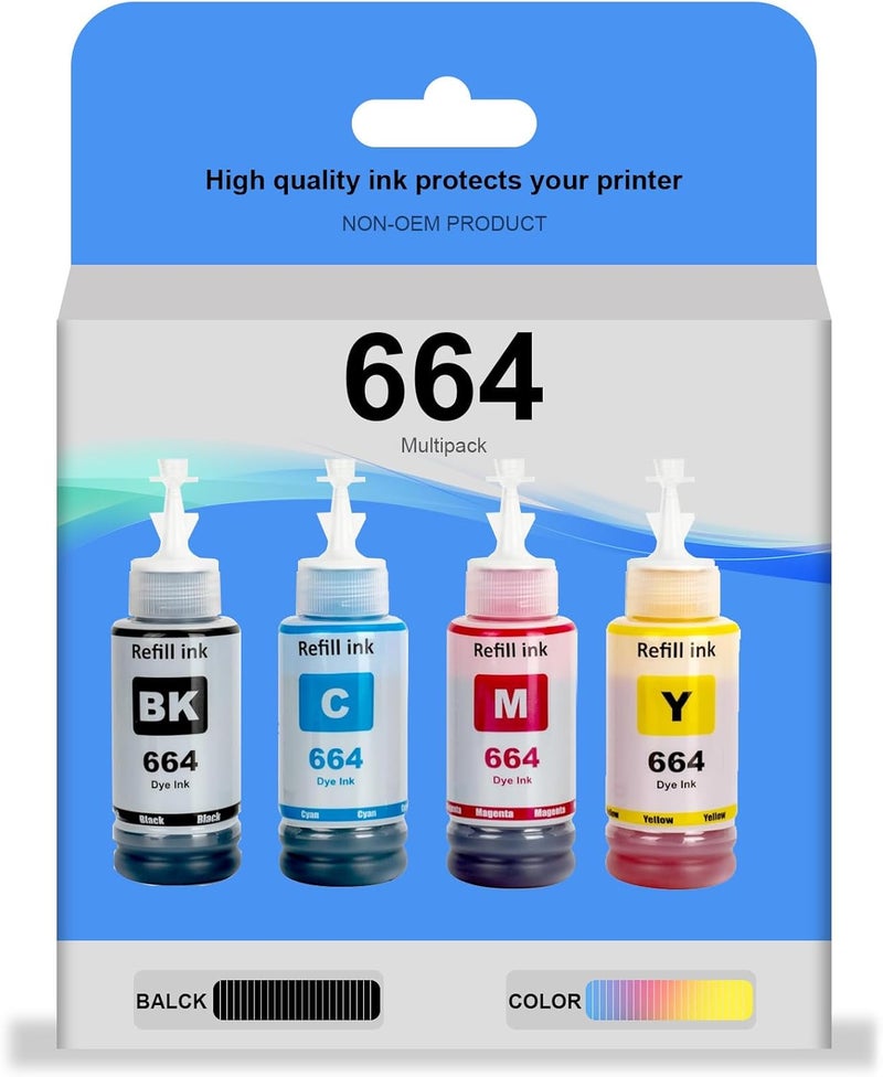 بريتمور 664 حبر زجاجة لـ Epson 664 70 مل حبر لطابعة EcoTank L210 L220 L300 L355 L365 L555 L1300، تطبع حتى 8000 صفحة (أسود/سماوي/أرجواني/أصفر، 4 عبوات) - Image 1