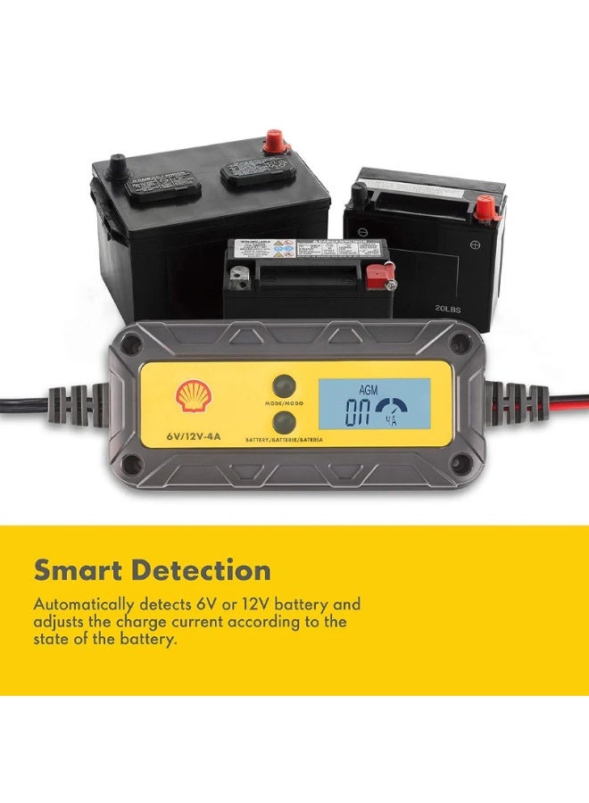 Shell automotive SHELL 6V/12V 4A Smart Battery Charger & Maintainer, IP65 Waterproof LCD Trickle Charger for Car, Motorcycle, ATV, Marine, AGM, GEL, SLA, VRLA, LiFePO4, Lead Acid Batteries - Image 3