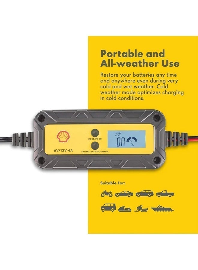 Shell automotive SHELL 6V/12V 4A Smart Battery Charger & Maintainer, IP65 Waterproof LCD Trickle Charger for Car, Motorcycle, ATV, Marine, AGM, GEL, SLA, VRLA, LiFePO4, Lead Acid Batteries - Image 4