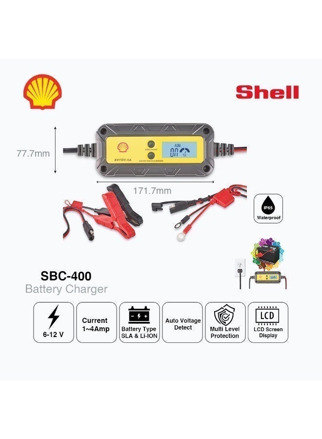 Shell automotive SHELL 6V/12V 4A Smart Battery Charger & Maintainer, IP65 Waterproof LCD Trickle Charger for Car, Motorcycle, ATV, Marine, AGM, GEL, SLA, VRLA, LiFePO4, Lead Acid Batteries - Image 1