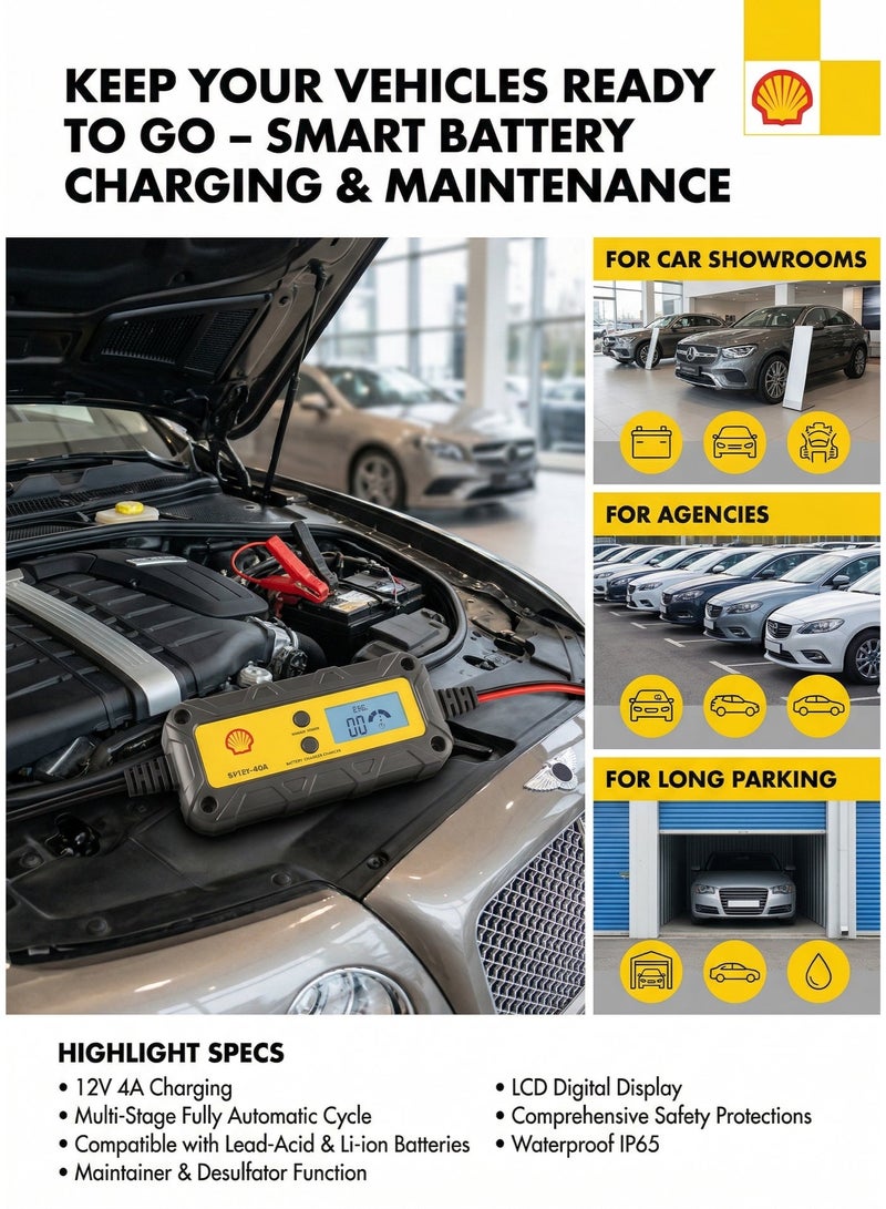 Shell automotive SHELL 6V/12V 4A Smart Battery Charger & Maintainer, IP65 Waterproof LCD Trickle Charger for Car, Motorcycle, ATV, Marine, AGM, GEL, SLA, VRLA, LiFePO4, Lead Acid Batteries - Image 2
