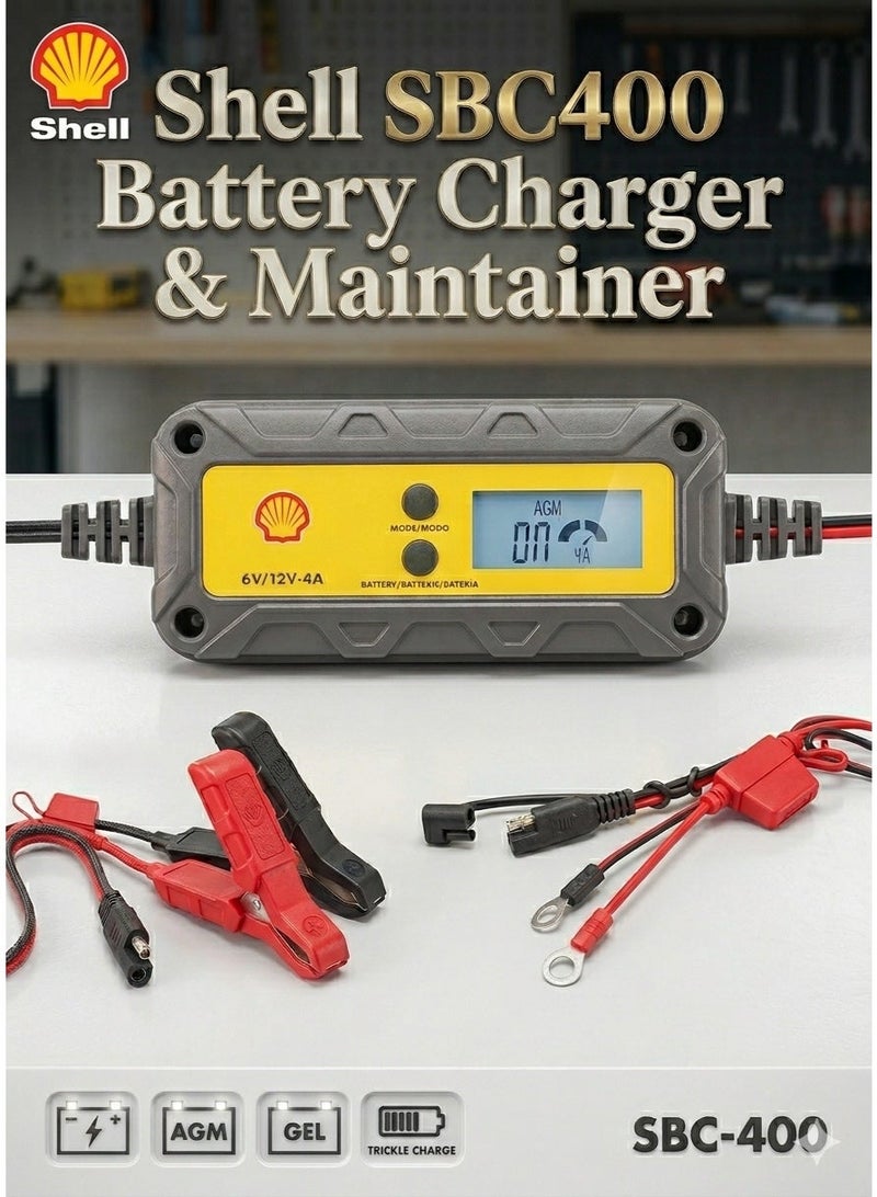 Shell automotive SHELL 6V/12V 4A Smart Battery Charger & Maintainer, IP65 Waterproof LCD Trickle Charger for Car, Motorcycle, ATV, Marine, AGM, GEL, SLA, VRLA, LiFePO4, Lead Acid Batteries - Image 1