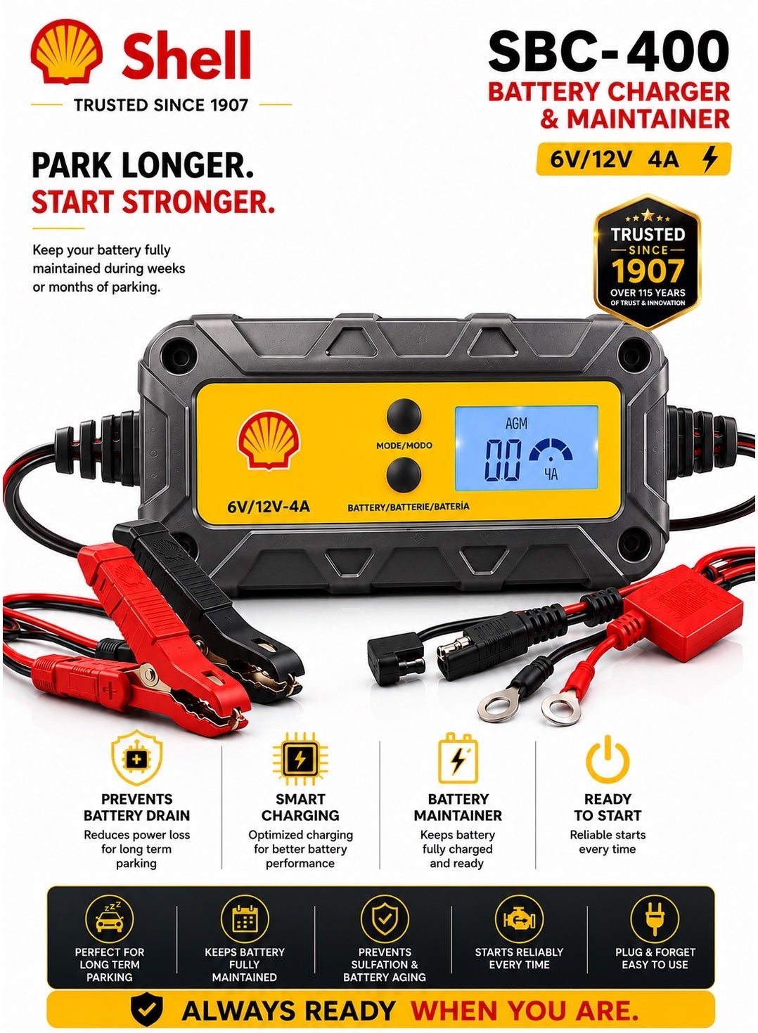 SHELL 6V/12V 4A Smart Battery Charger & Maintainer, IP65 Waterproof LCD Trickle Charger for Car, Motorcycle, ATV, Marine, AGM, GEL, SLA, VRLA, LiFePO4, Lead Acid Batteries