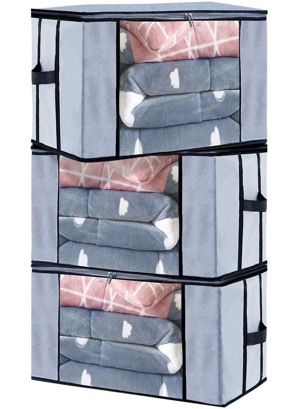 WINI KRAFTS Wini krafts blanket storage bag for wardrobe organizers Non woven Underbed storage bagstorage organizer blanket cover with transparent window extra large pack of 3 blanket cover Grey grey 3  - Image 1