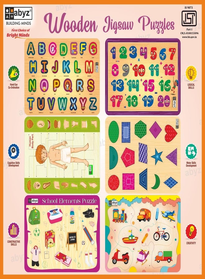 ABYZ Wooden Jigsaw Puzzle - Transport, School Elements, Numbers, Shapes, Human Body Parts, Alphabet Playset for Little Explorers - Pack of 6 | Birthday Gift for (2 Plus Years) Age Kids. - Image 3