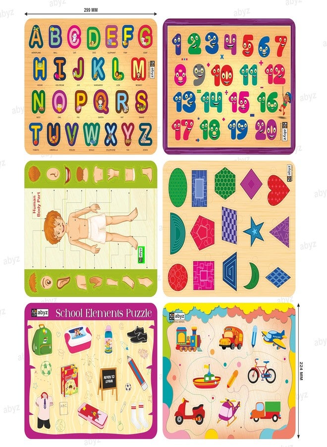 ABYZ Wooden Jigsaw Puzzle - Transport, School Elements, Numbers, Shapes, Human Body Parts, Alphabet Playset for Little Explorers - Pack of 6 | Birthday Gift for (2 Plus Years) Age Kids. - Image 2