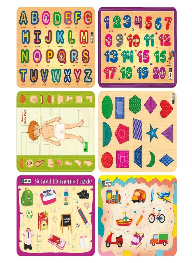 ABYZ Wooden Jigsaw Puzzle - Transport, School Elements, Numbers, Shapes, Human Body Parts, Alphabet Playset for Little Explorers - Pack of 6 | Birthday Gift for (2 Plus Years) Age Kids. - Image 1