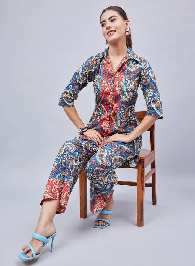 Winered Blue Paisley Print Shirt And Wide Leg Pants Co-Ord Set