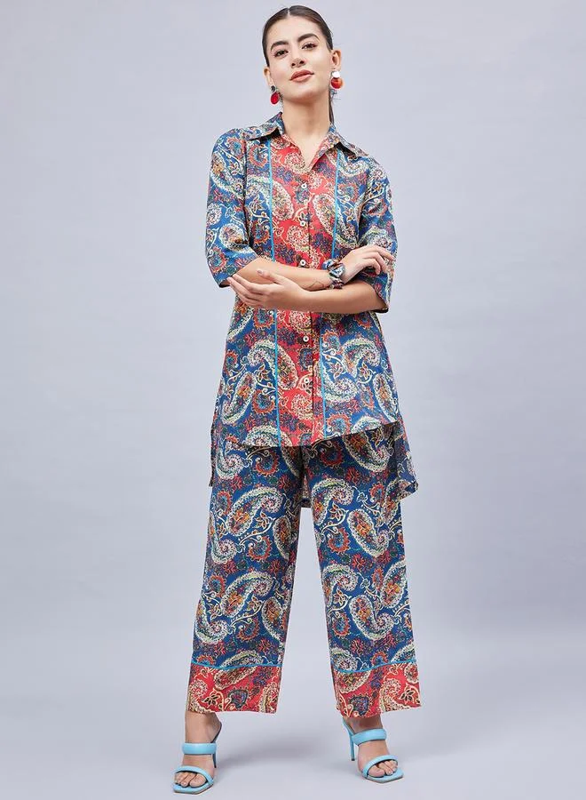 Winered Blue Paisley Print Shirt And Wide Leg Pants Co-Ord Set