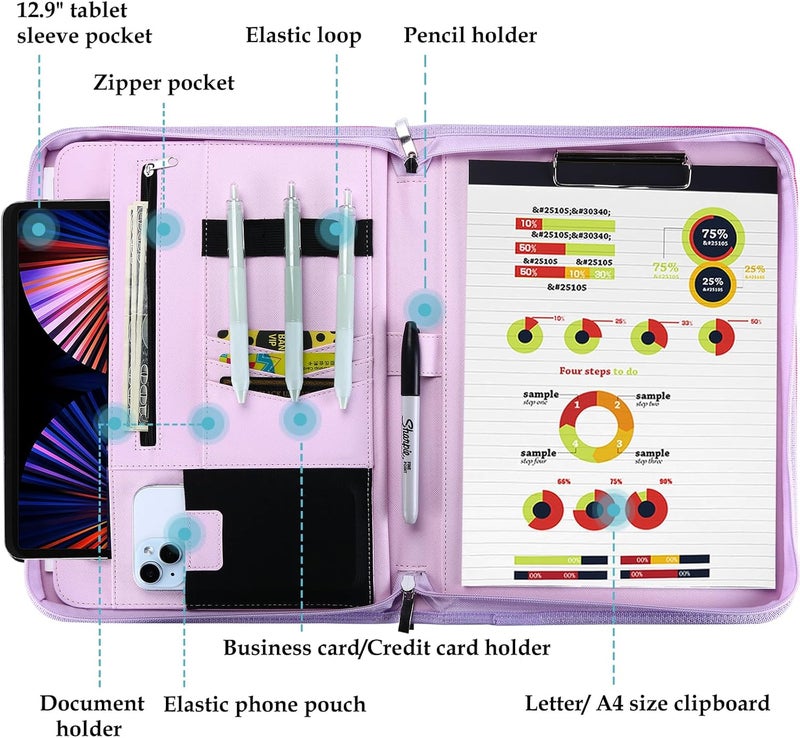 Procase Portfolio Business Padfolio Folder with Zipper, Conference Meeting Executive File Legal Document Organizer with Pockets Letter Size A4 Writing Pad Notepad Padfolio -Purple - Image 3
